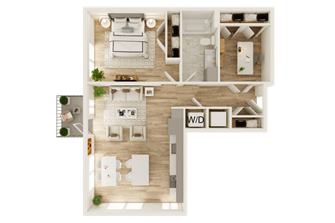 Floor plan for 1 bed, 1 bath, 744 sqft